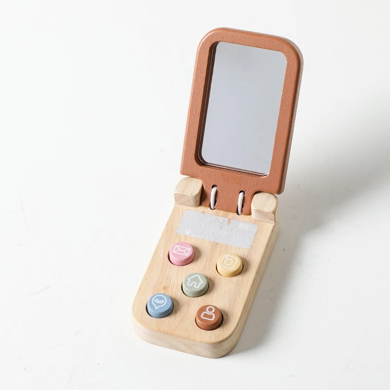 Baby Montessori Toy Cartoon Wooden Phone With Mirror