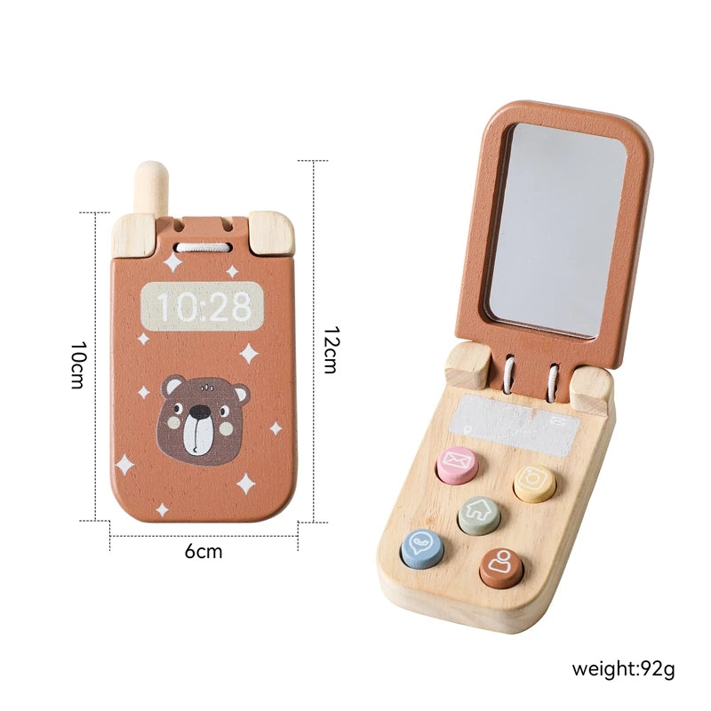 Baby Montessori Toy Cartoon Wooden Phone With Mirror